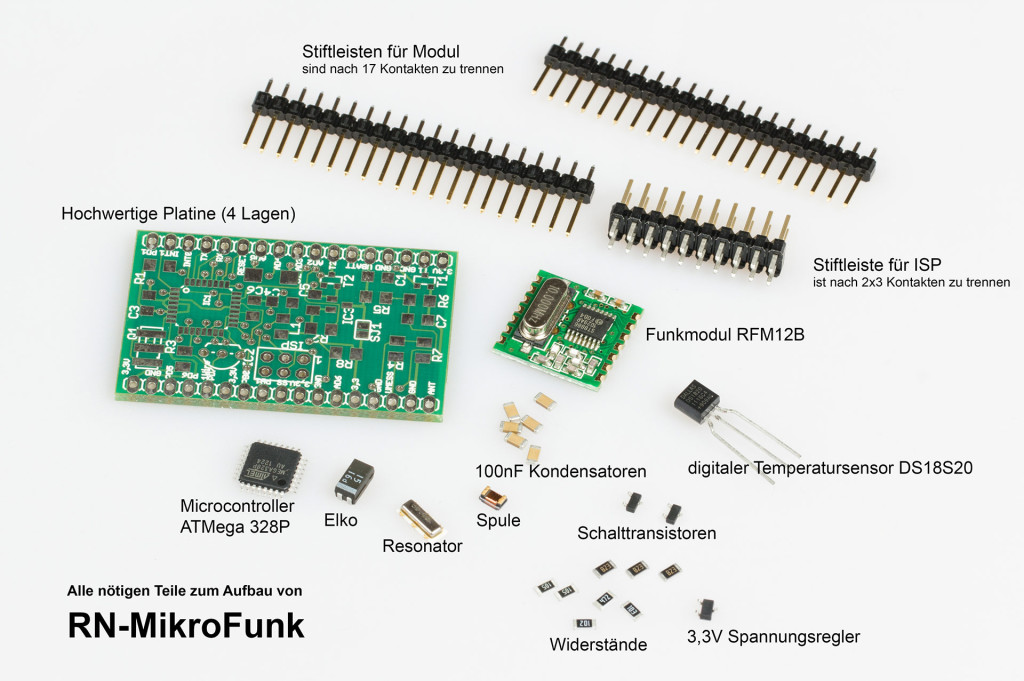 Bauteile für Mini AVR Microcontroller Modul mit Funkmodul