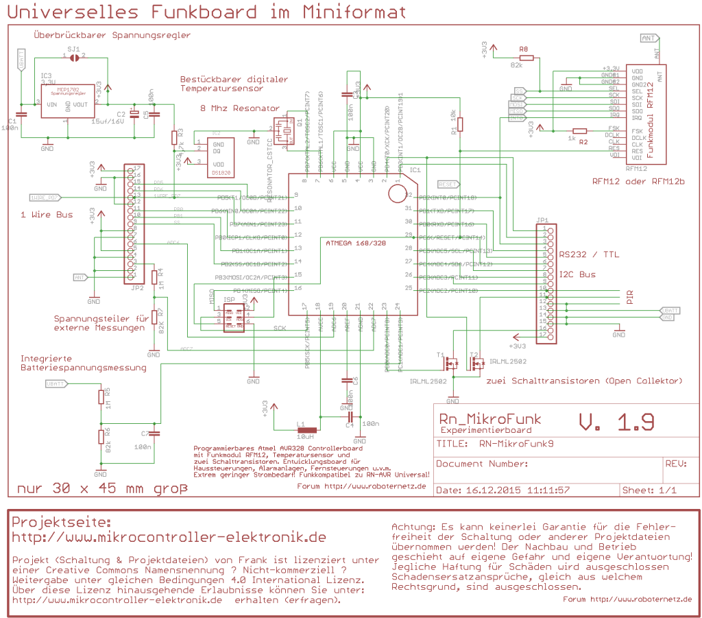 Schaltplan - RN-MikroFunk – Mini AVR Microcontroller Modul mit Funkmodul
